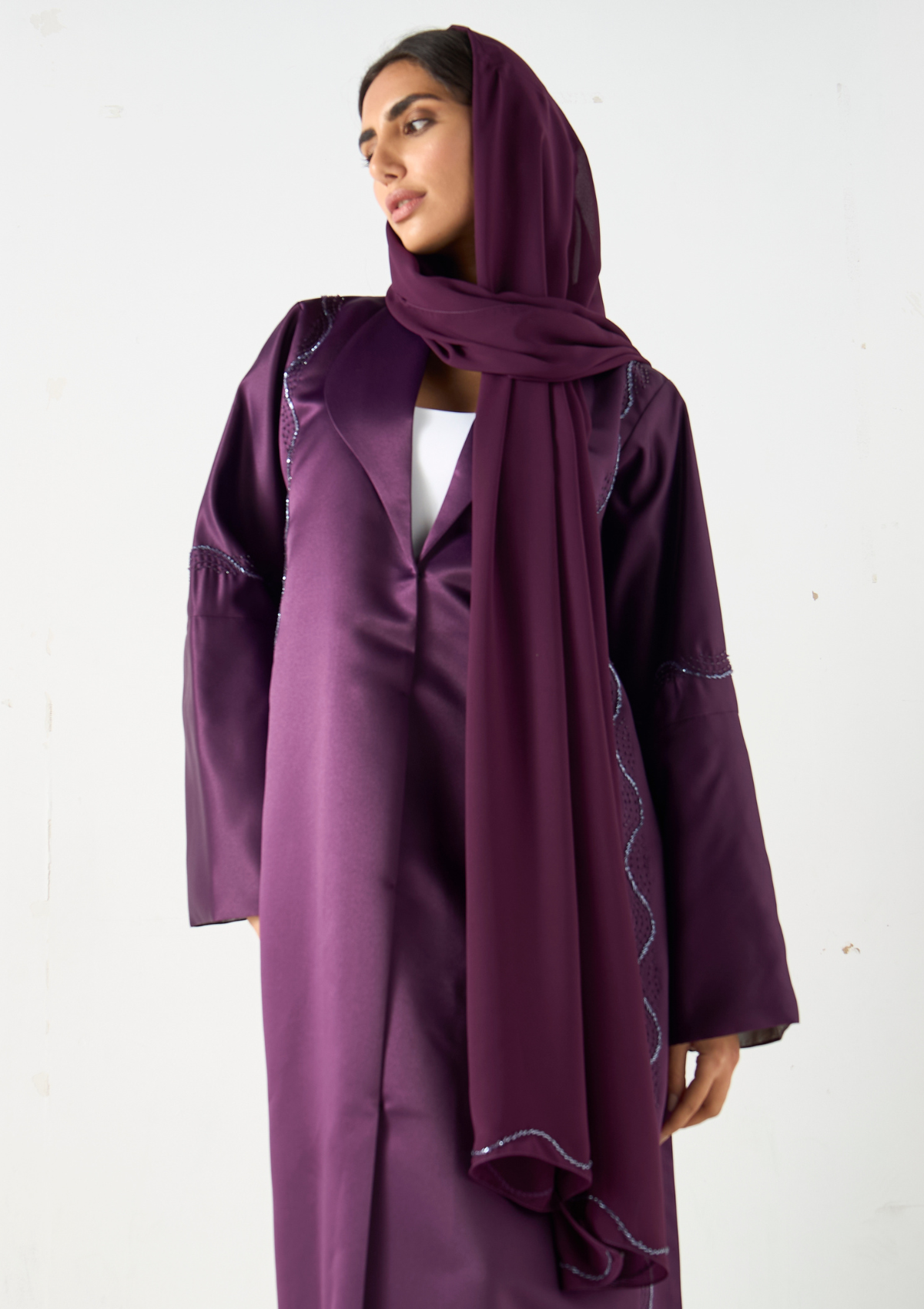 Embellished Abaya with Lapel Detail and Hijab