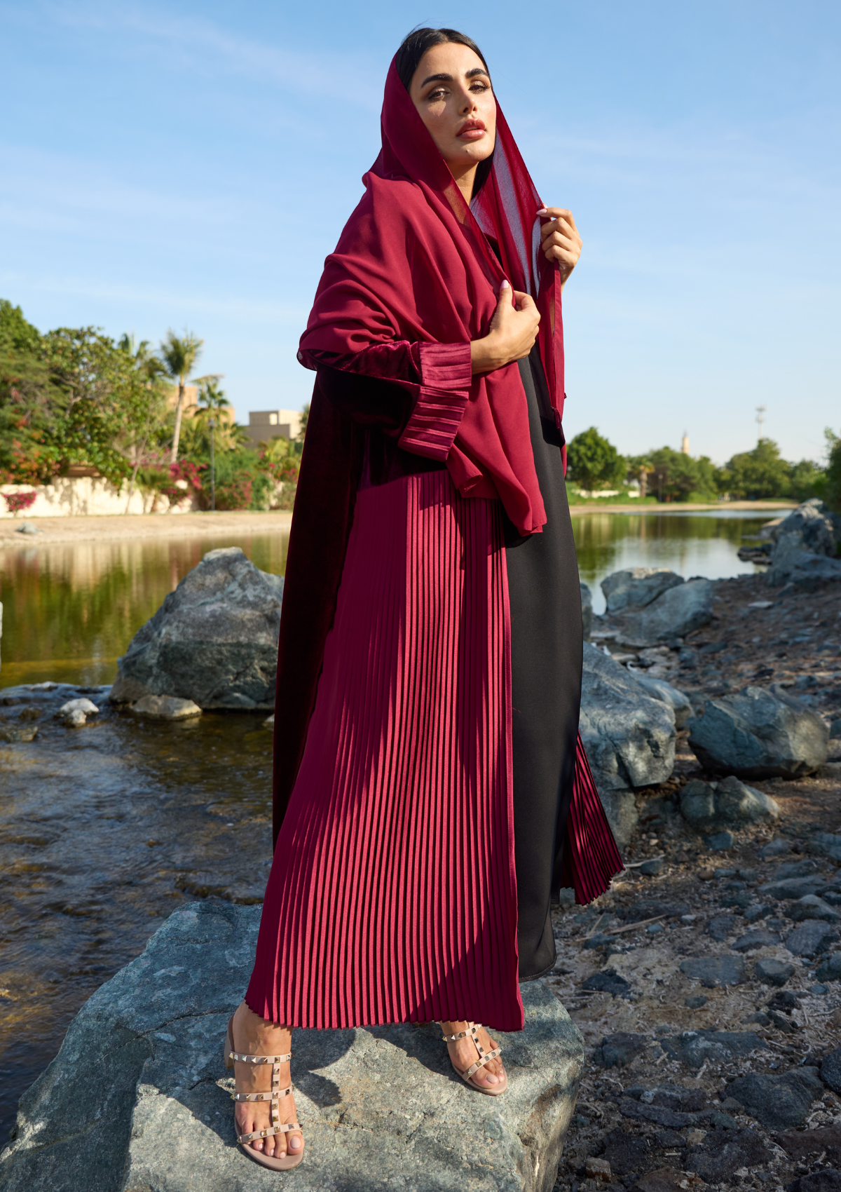 Maroon Velvet Abaya with Pleated Panel