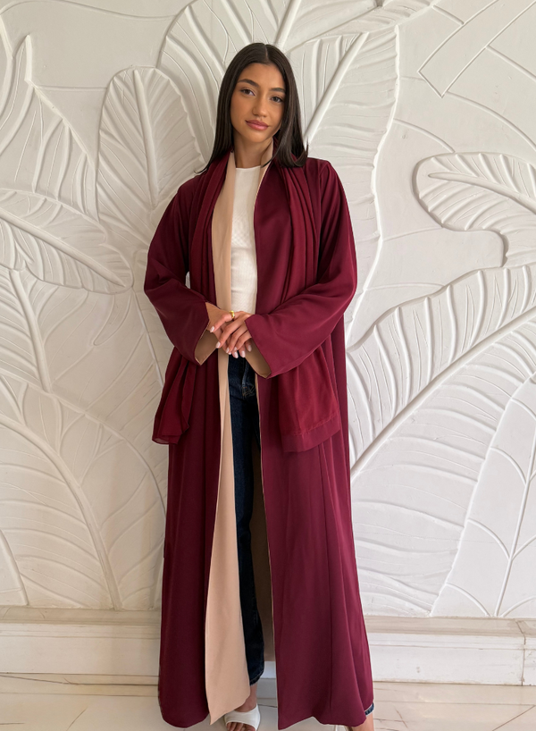 2-in-1 Women's Two Colour Reversible Abaya - Maroon and Cream