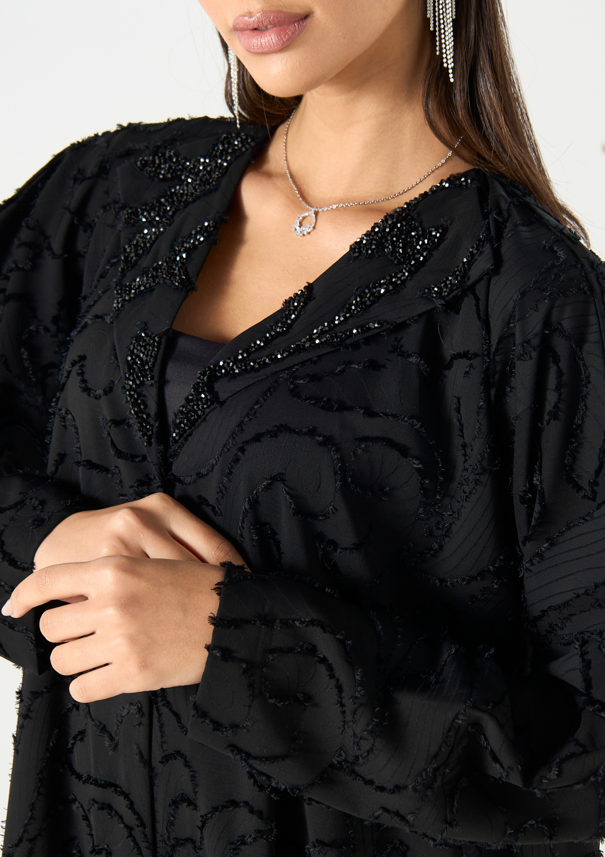 Black textured Abaya with Neck Sequence Embellishment