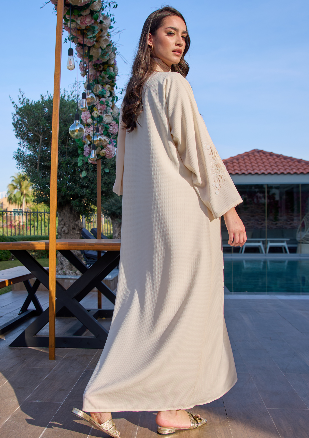 Cream Fashion Abaya with Bead Work