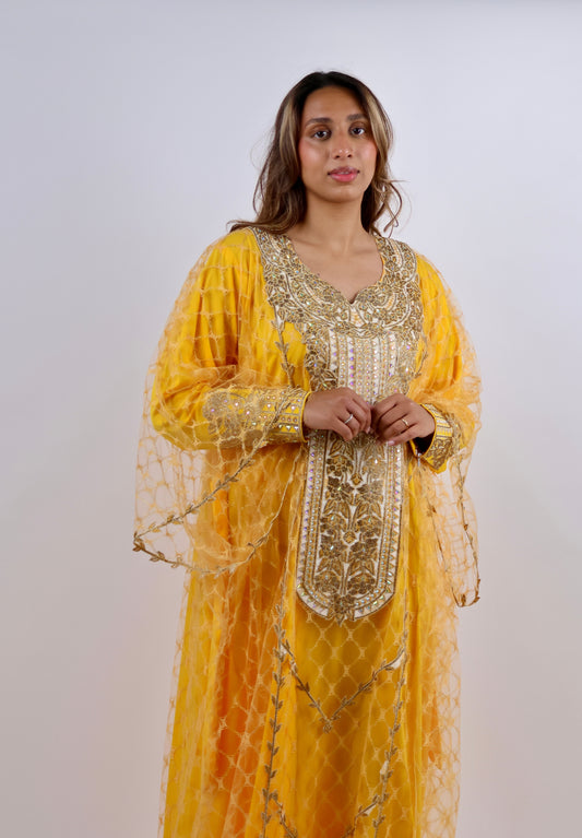 Dual-Layer Mustard Yellow Jalabiya with Heavy Gold Embroidery