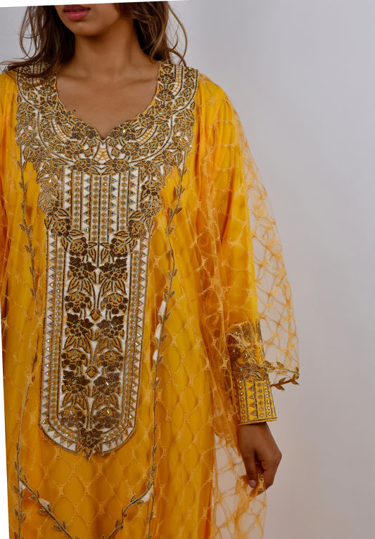 Dual-Layer Mustard Yellow Jalabiya with Heavy Gold Embroidery