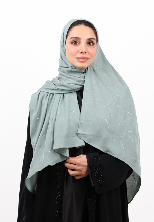 Luxury Muna Satin Embellished Scarf with Strass Detailing (Sea Green / Soft Mint)