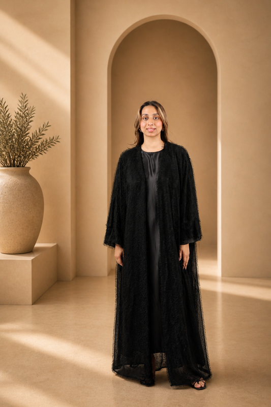 The Midnight Feather Luxe Abaya Set | Elegant Textured Black Modest Wear