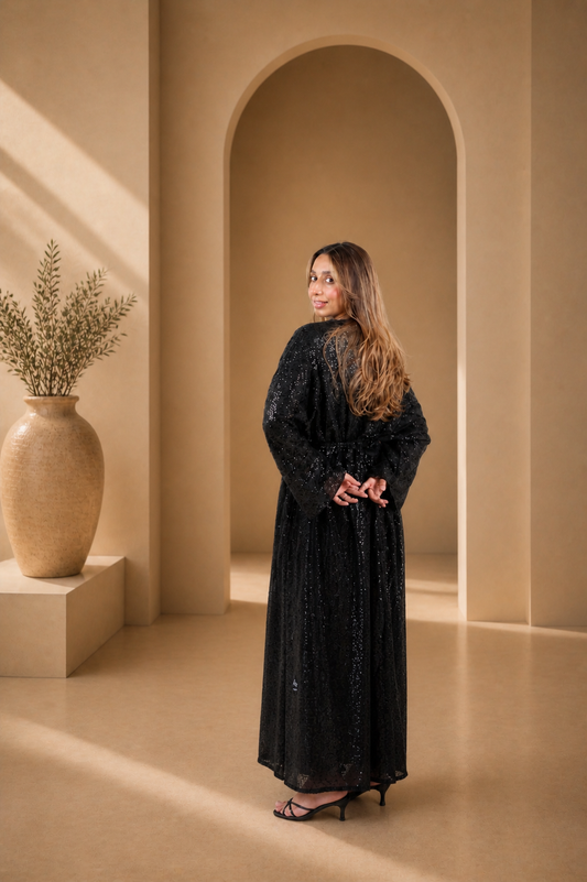 The Midnight Feather Luxe Abaya Set | Elegant Textured Black Modest Wear