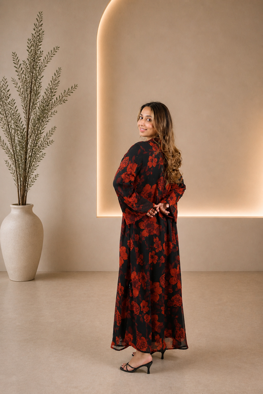Noir Rose Elegant Open Abaya