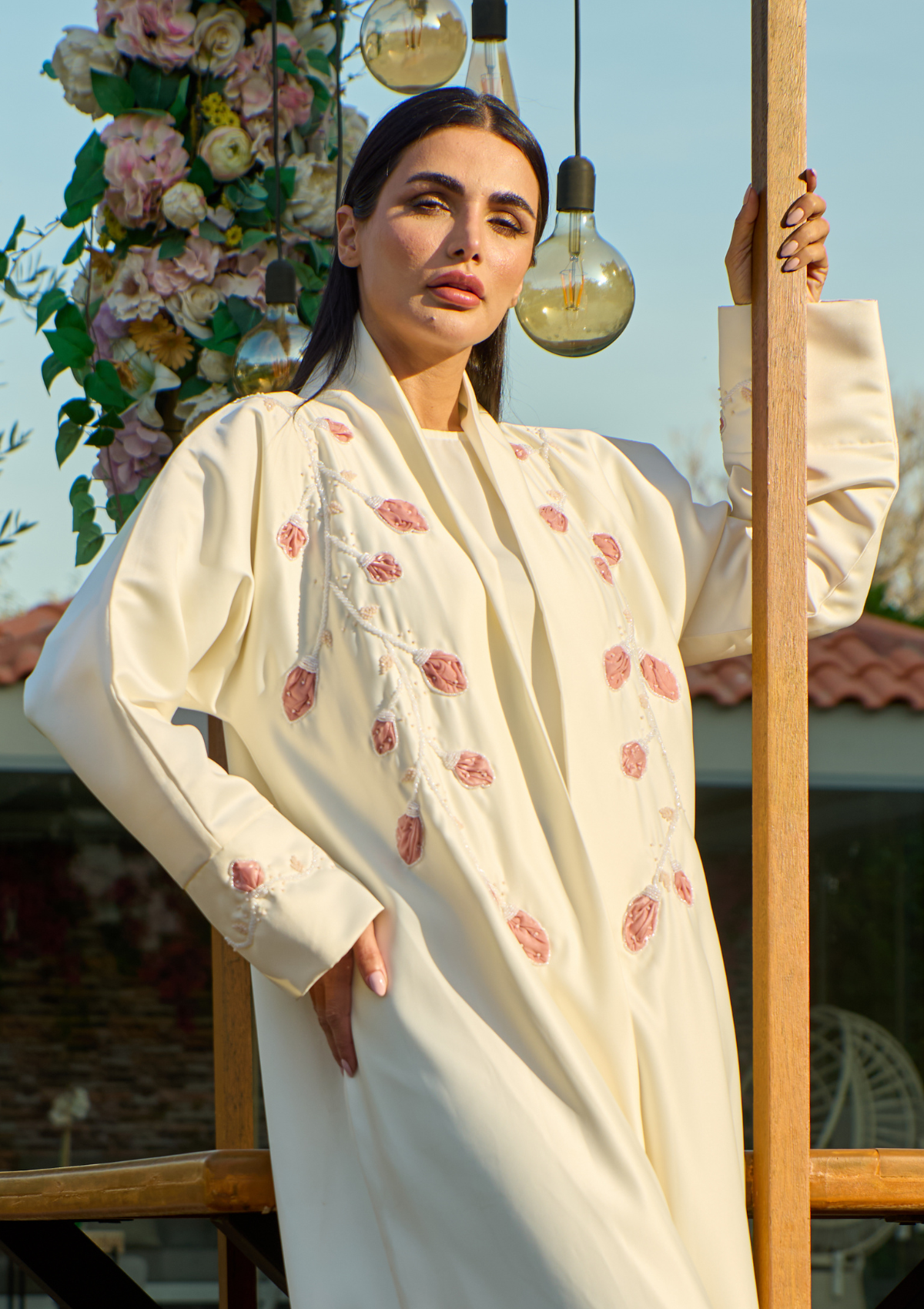 Cream Jacket Abaya with Pink Floral Embroidery