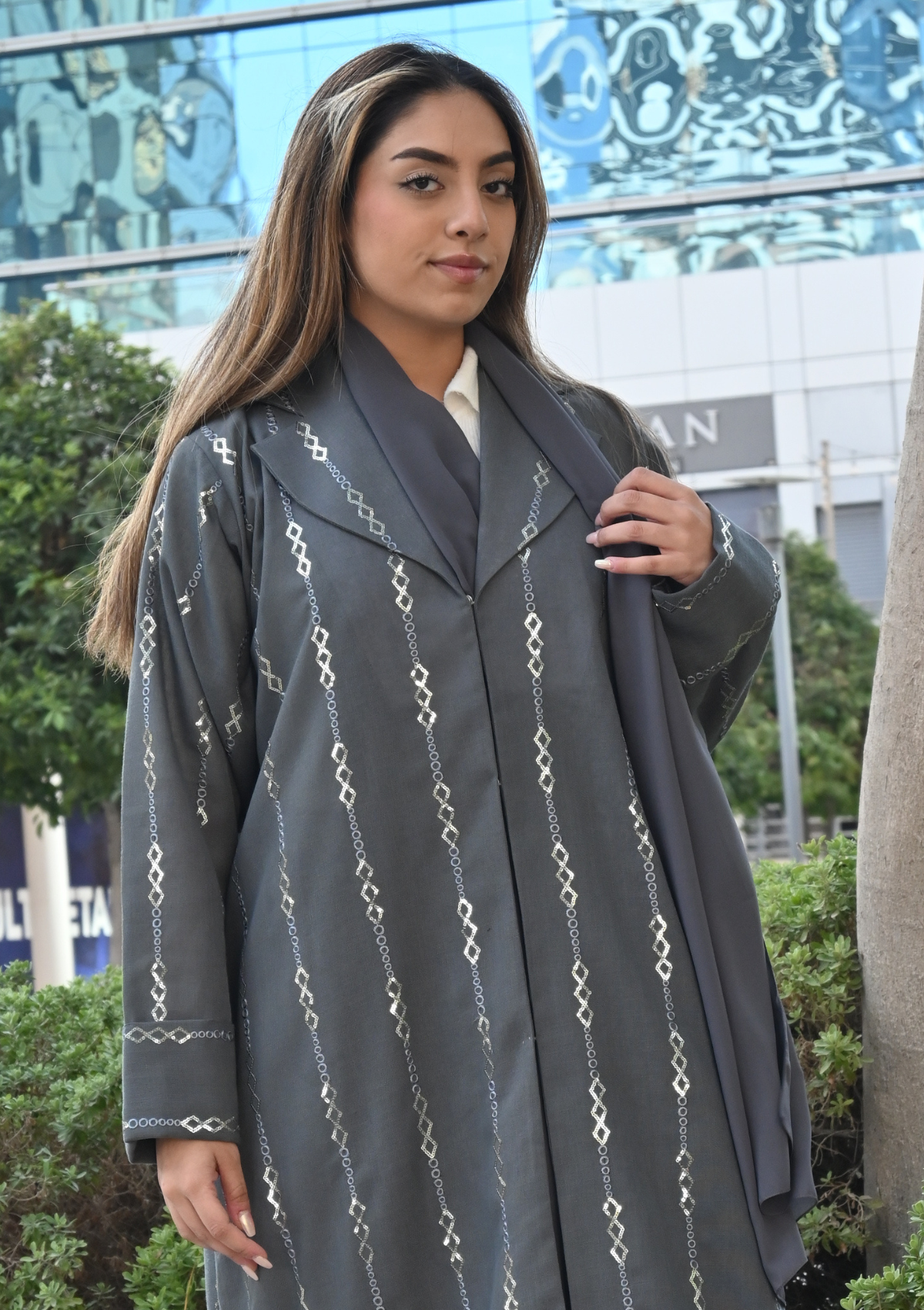 Grey Jacket Abaya with Embellishment