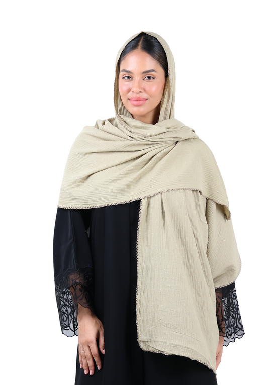 Crinkle Cotton Mix Scarf with Lace Trim & Shimmer (Warm Taupe)