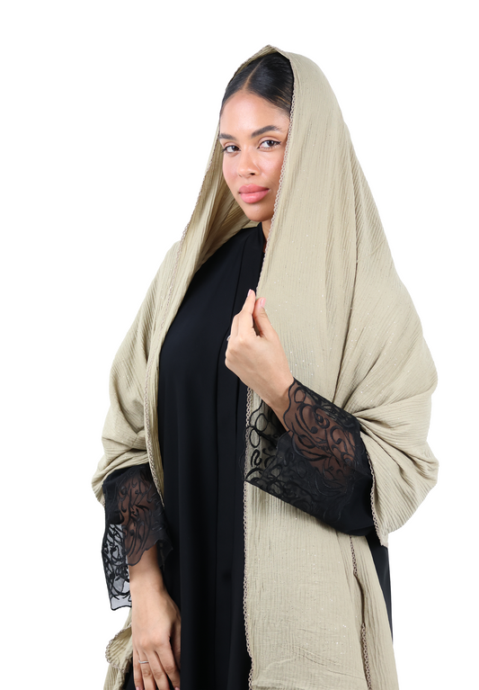 Crinkle Cotton Mix Scarf with Lace Trim & Shimmer (Warm Taupe)