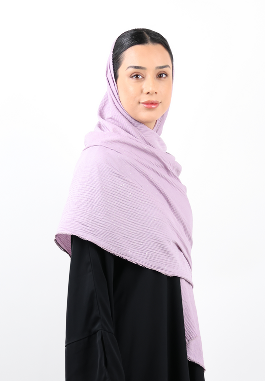 Crinkle Cotton Mix Scarf with Lace Trim & Shimmer (Dusty Plum)