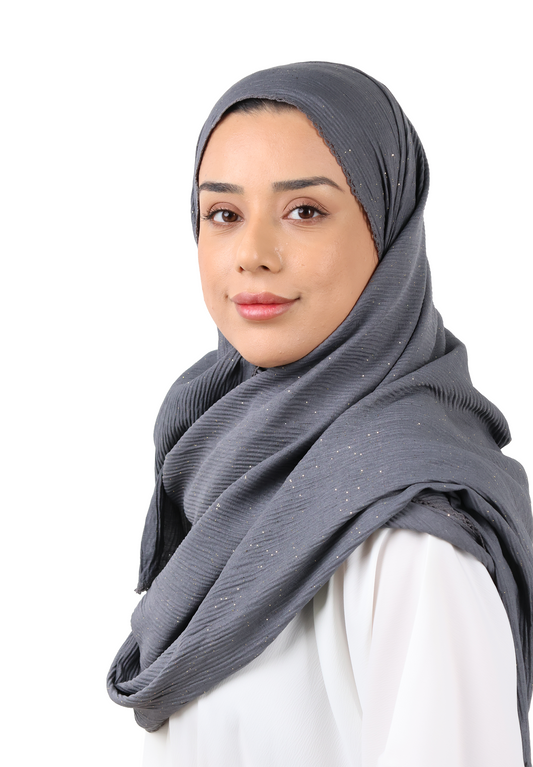 Crinkle Cotton Mix Scarf with Lace Trim & Shimmer (Charcoal Grey)