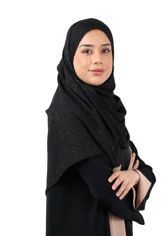 Crinkle Cotton Mix Scarf with Lace Trim & Shimmer (Black)