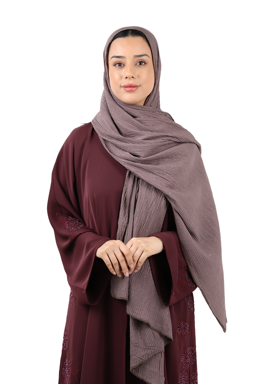 Crinkle Cotton Mix Scarf with Lace Trim & Shimmer (Mushroom Brown)