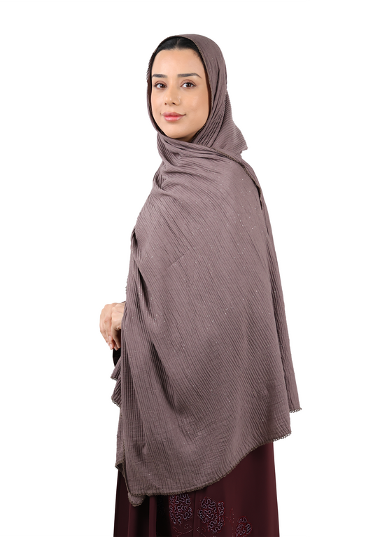Crinkle Cotton Mix Scarf with Lace Trim & Shimmer (Mushroom Brown)