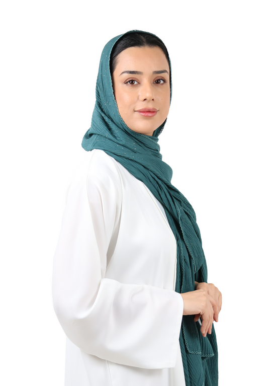 Crinkle Cotton Mix Scarf with Lace Trim & Shimmer (Deep Teal)