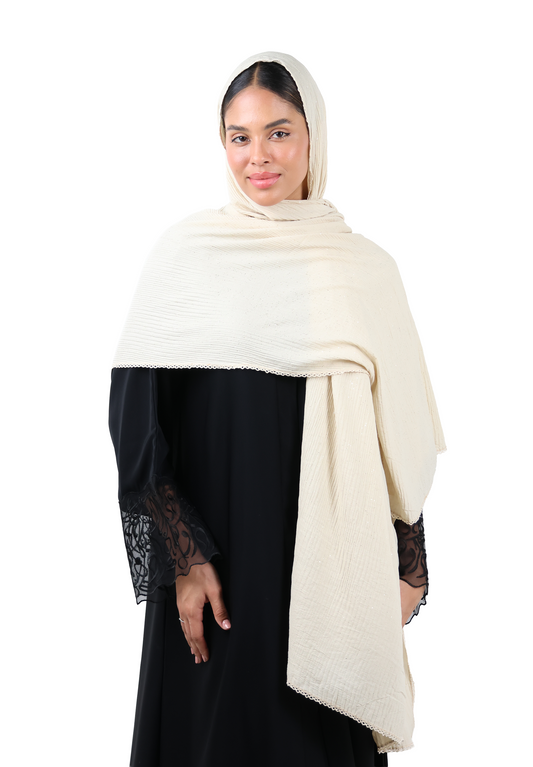 Crinkle Cotton Mix Scarf with Lace Trim & Shimmer (Sand Beige)