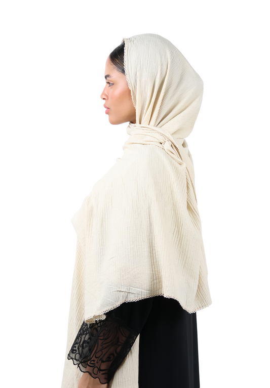 Crinkle Cotton Mix Scarf with Lace Trim & Shimmer (Sand Beige)