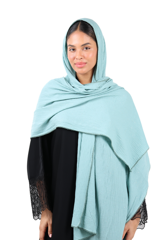 Crinkle Cotton Mix Scarf with Lace Trim & Shimmer (Sage Green)