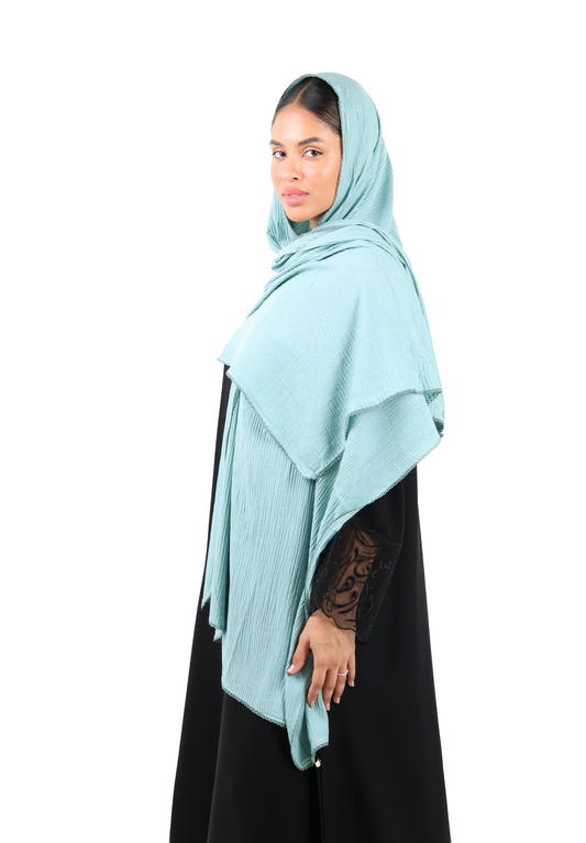 Crinkle Cotton Mix Scarf with Lace Trim & Shimmer (Sage Green)