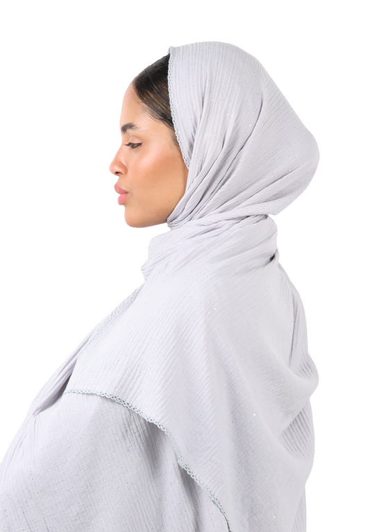 Crinkle Cotton Mix Scarf with Lace Trim & Shimmer (Slate Grey)