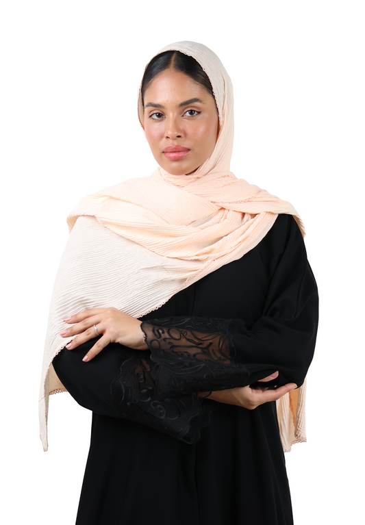 Crinkle Cotton Mix Scarf with Lace Trim & Shimmer (Soft Peach)