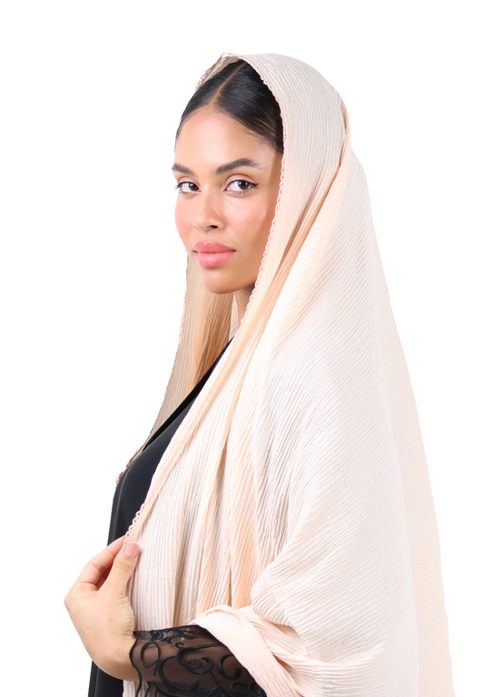 Crinkle Cotton Mix Scarf with Lace Trim & Shimmer (Soft Peach)