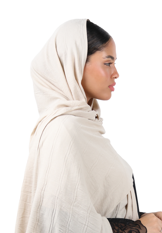 Crinkle Cotton Scarf with Tassel Trim (Light Beige)