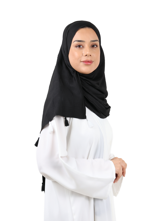Crinkle Cotton Scarf with Tassel Trim (Black)