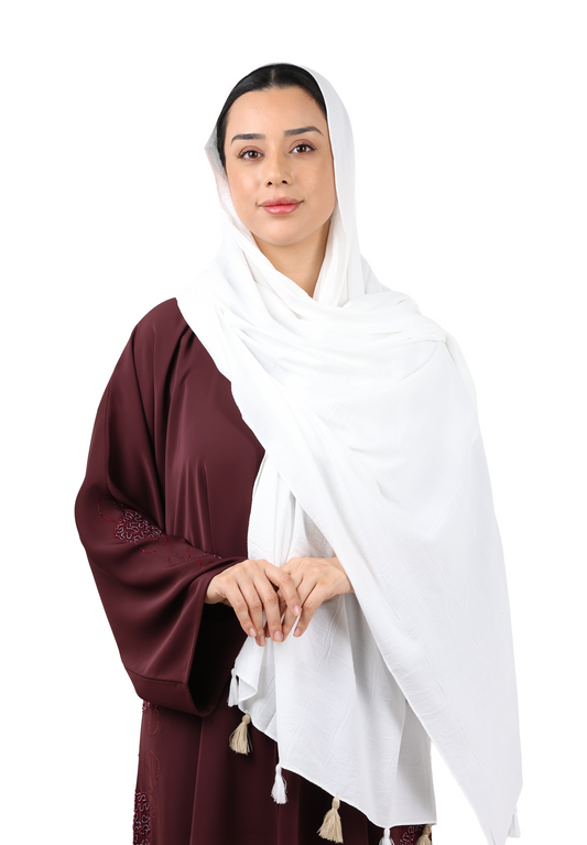 Crinkle Cotton Scarf with Tassel Trim (White)