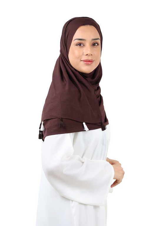 Crinkle Cotton Scarf with Tassel Trim (Dark Brown)