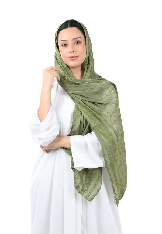 Chevron Pattern Organza Scarf (Olive Green)