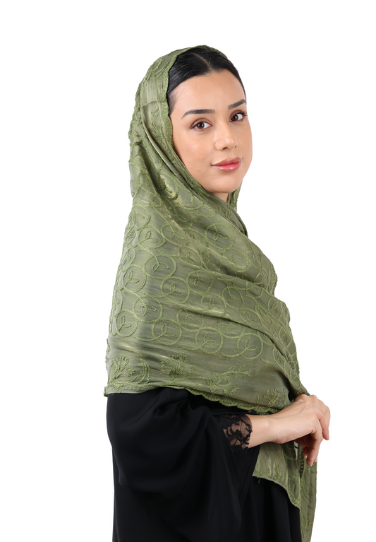 Premium Circle Motif Organza Scarf (Olive Green)