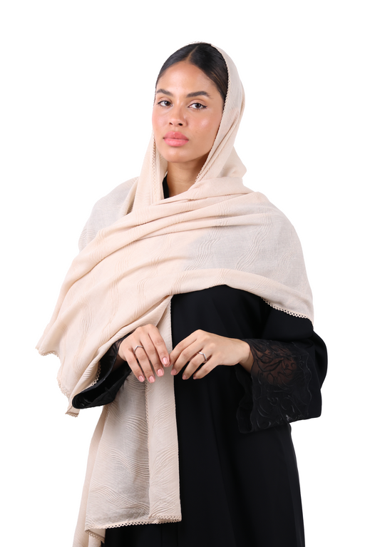 Wave Pattern Cotton Crush Scarf with Lace Trim (Blush Beige)