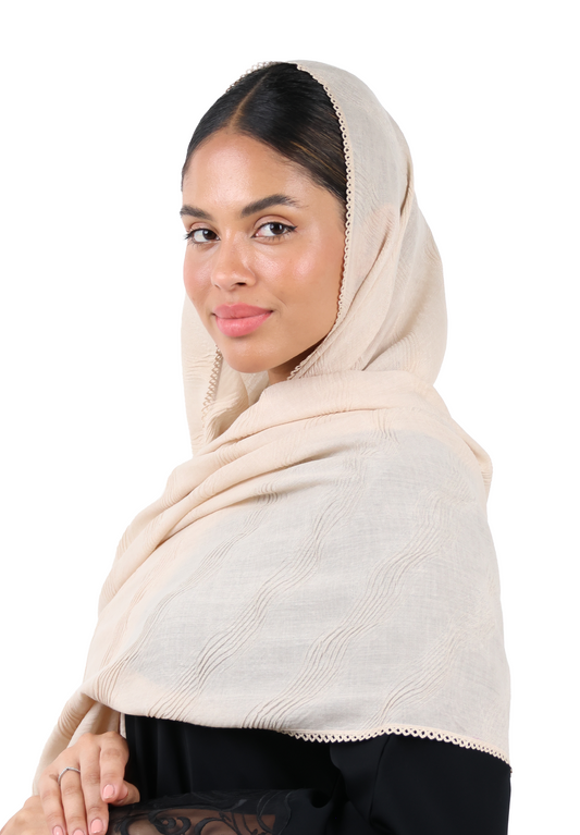 Wave Pattern Cotton Crush Scarf with Lace Trim (Blush Beige)