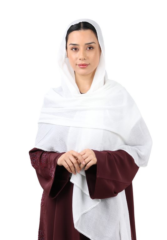 Wave Pattern Cotton Crush Scarf with Lace Trim (White)