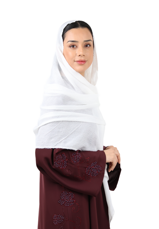 Wave Pattern Cotton Crush Scarf with Lace Trim (White)