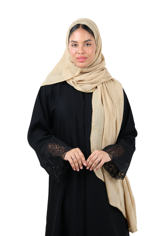 Wave Pattern Cotton Crush Scarf with Lace Trim (Sand Beige)