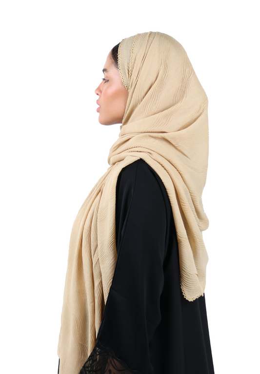 Wave Pattern Cotton Crush Scarf with Lace Trim (Sand Beige)