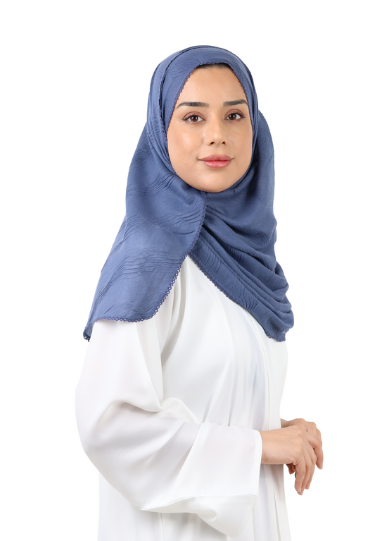 Wave Pattern Cotton Crush Scarf with Lace Trim (Navy Blue)