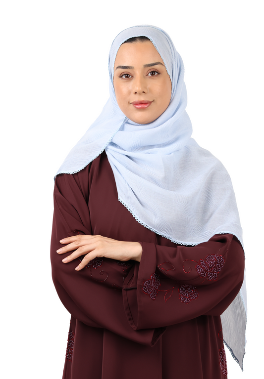 Wave Pattern Cotton Crush Scarf with Lace Trim (Powder Blue)