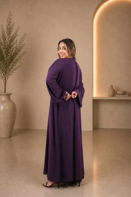 Elegant Purple Open Abaya with Statement Circular Trim Detailing