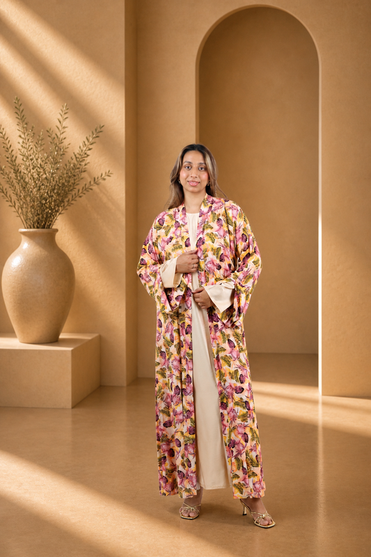 Blossom Garden Printed Open Abaya Set | Elegant Floral Modest Wear for Women