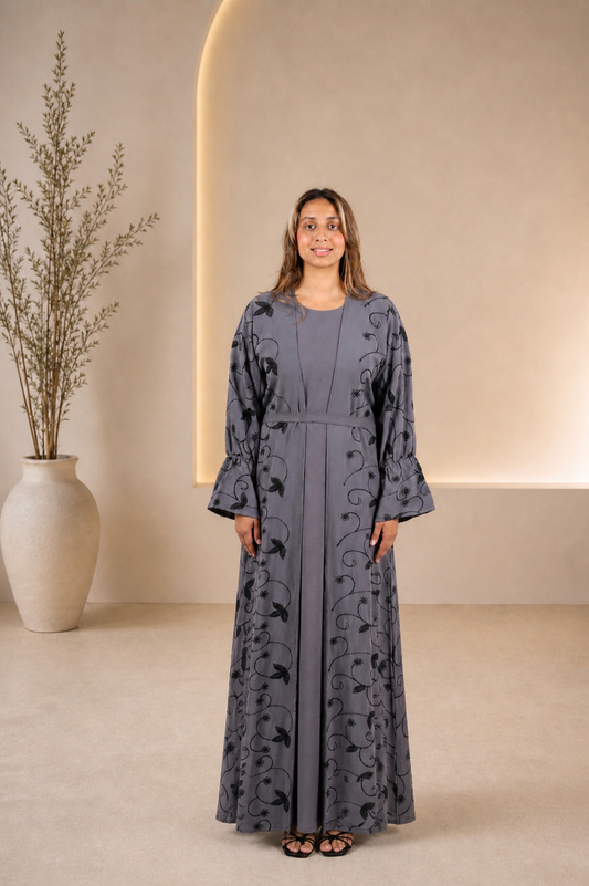 Midnight Vine Embroidered Open Abaya Set | Elegant Charcoal Grey Modest Wear