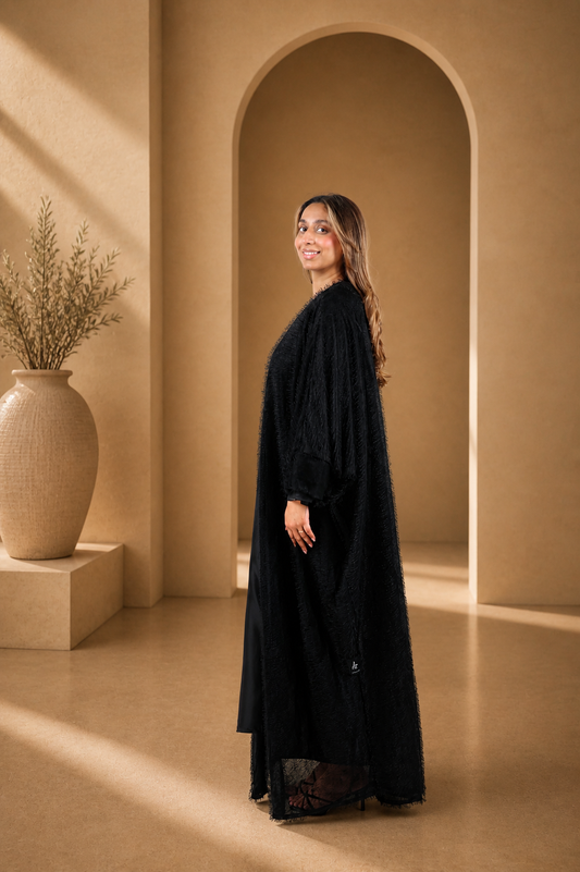 The Midnight Feather Luxe Abaya Set | Elegant Textured Black Modest Wear