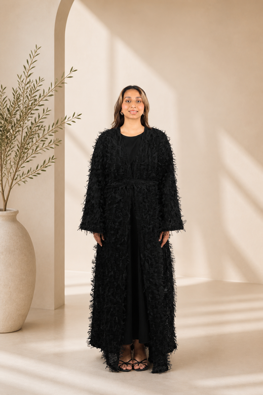 The Noir Fringe Textured Abaya | Timeless Elegance Redefined