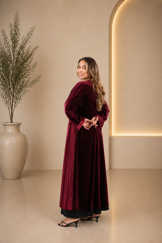 Sophisticated Wine Velvet Abaya with Modern Pleated Design
