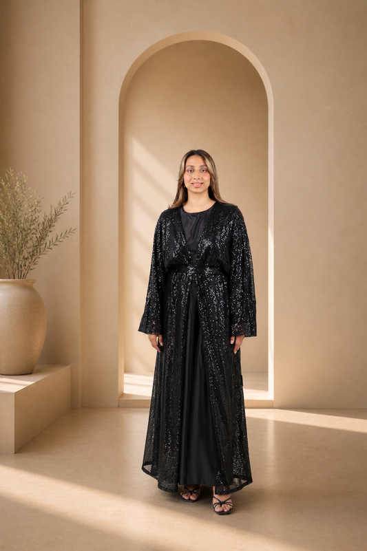 The Midnight Feather Luxe Abaya Set | Elegant Textured Black Modest Wear