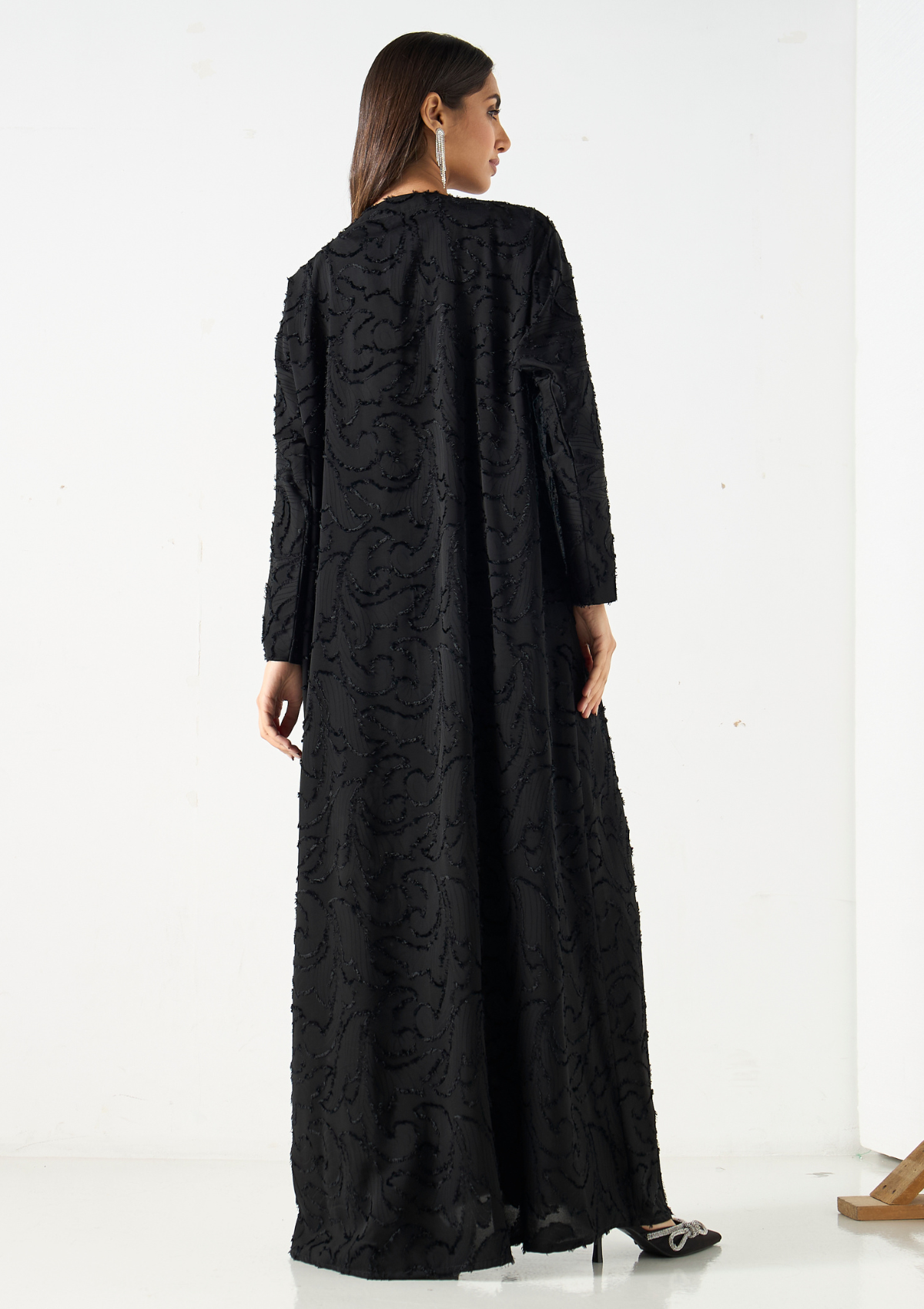 Black textured Abaya with Neck Sequence Embellishment